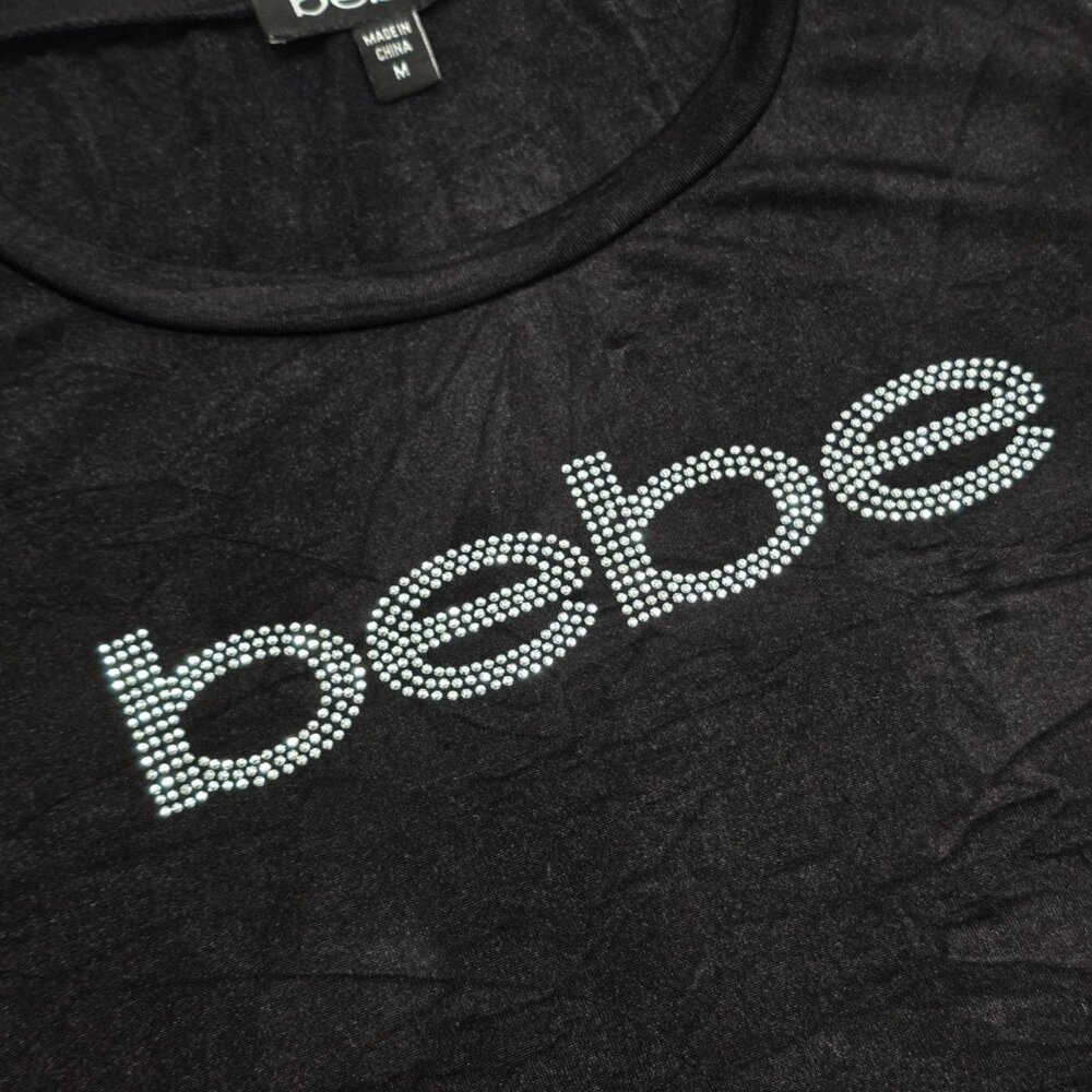 Bebe ✦ Black Rhinestone Logo Tee ✦ Short Sleeve Fitted Stretch Soft Y2K Sz M - Picture 6 of 9